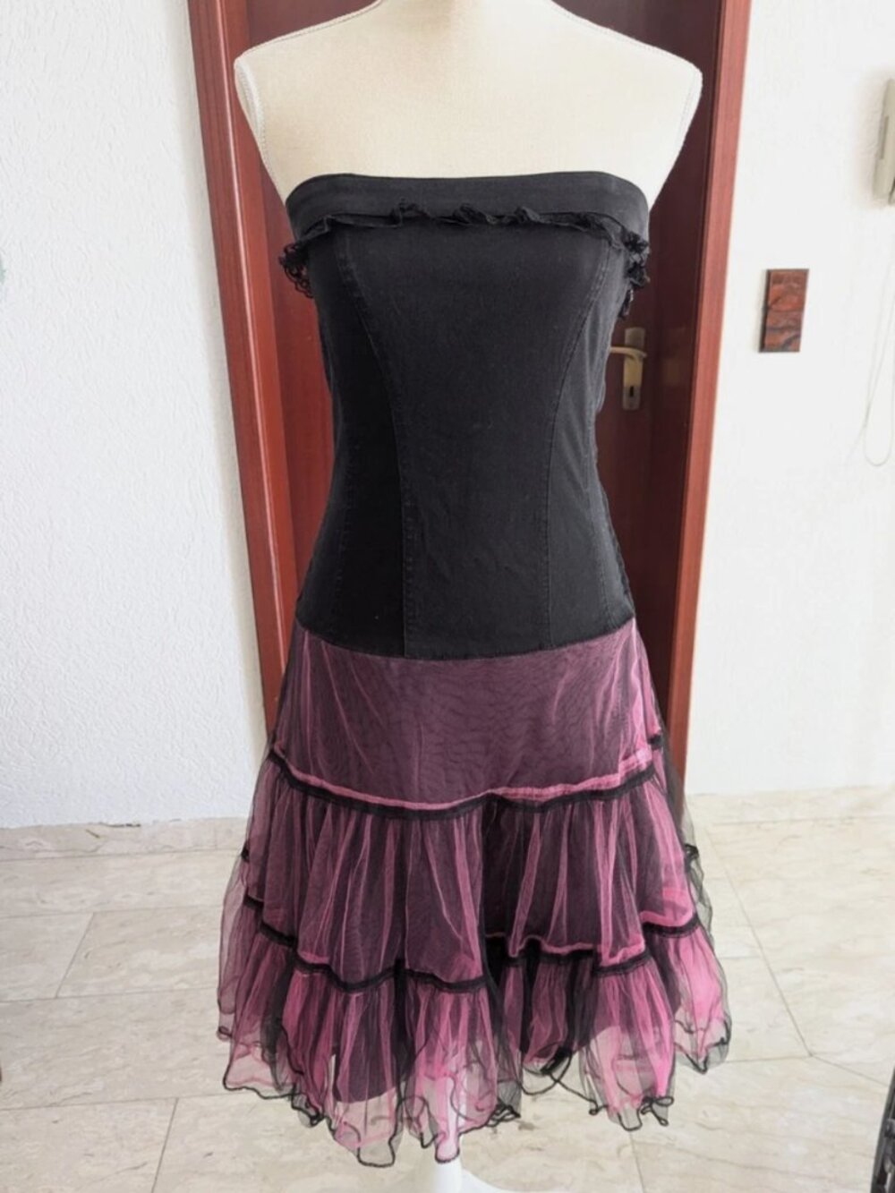 Tripp NYC Pink/ Black Lace-up Corset Tutu Strapless Dress Goth Punk Y2K VTG M